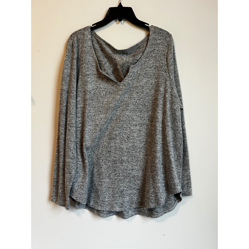 24/7 Maurice Womens 1X Gray Heathered V Neck Long Sleeve Sparkle Top NWT